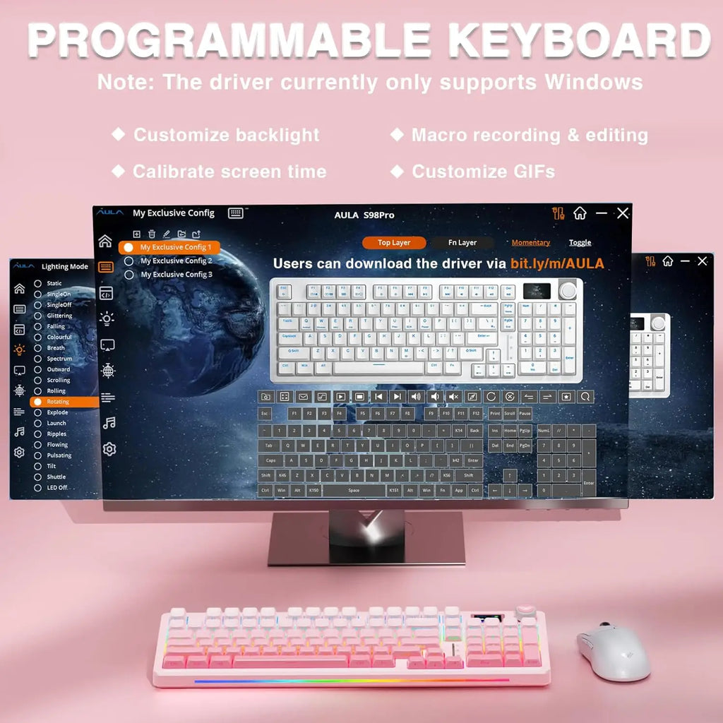 AULA S98pro Wireless Gaming Keyboard BT/USB-C/2.4G PBT Keycaps RGB Hot-swap Esports Mechanical Keyboard with Multi-function Knob