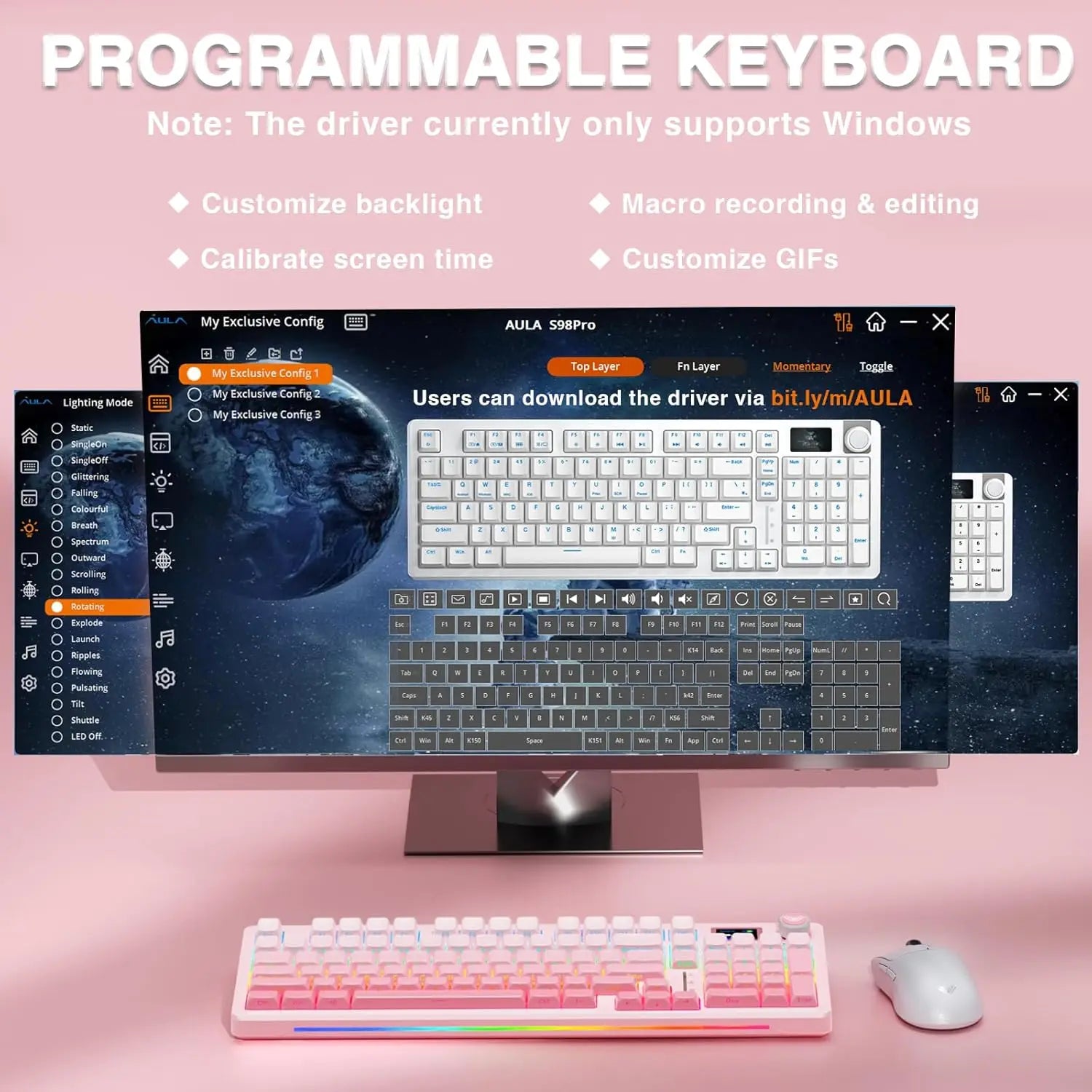 AULA S98pro Wireless Gaming Keyboard BT/USB-C/2.4G PBT Keycaps RGB Hot-swap Esports Mechanical Keyboard with Multi-function Knob