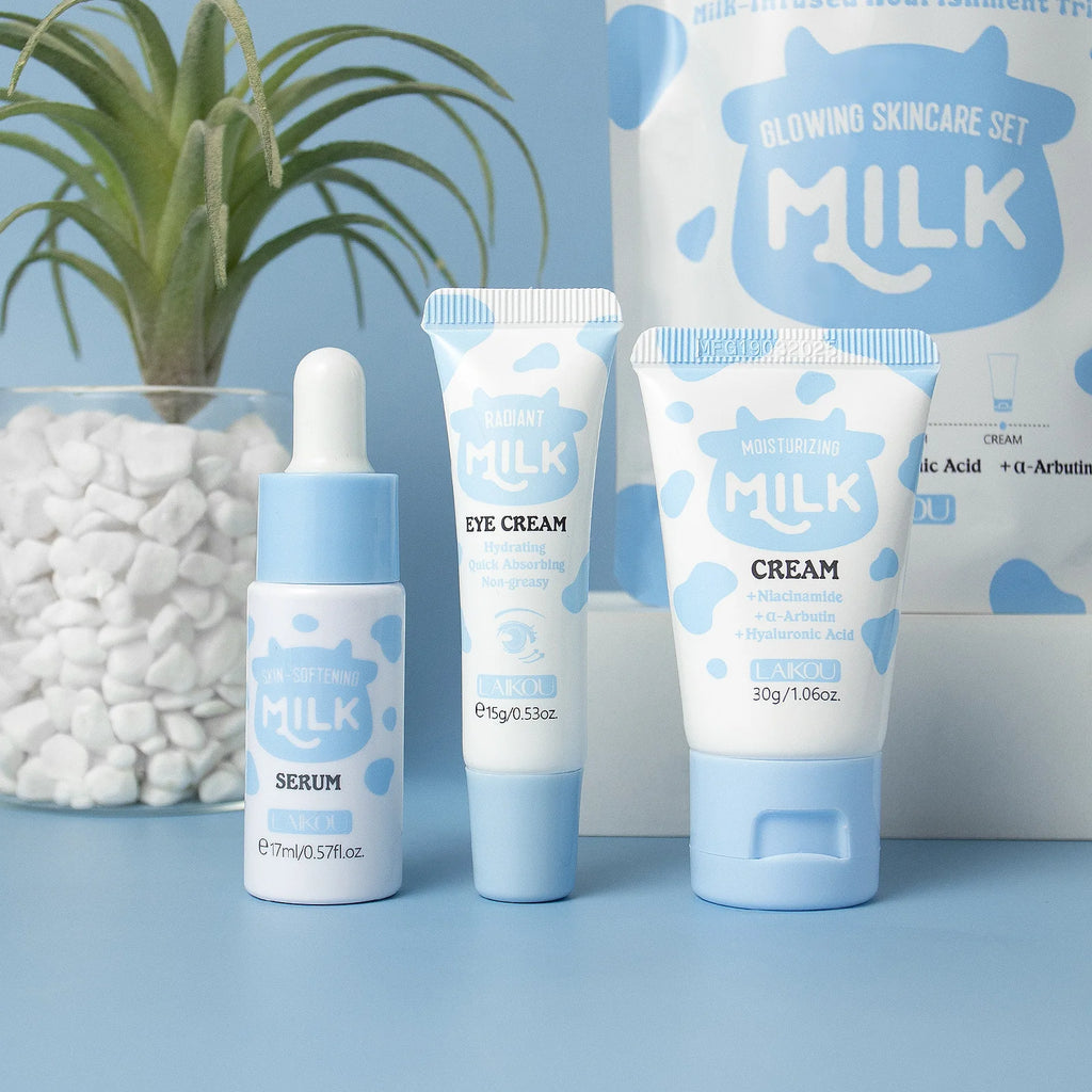 Deep Hydration Milk Skincare Set Softening Serum Gentle Eye Cream Radiant Moisturizing Glowing Trio