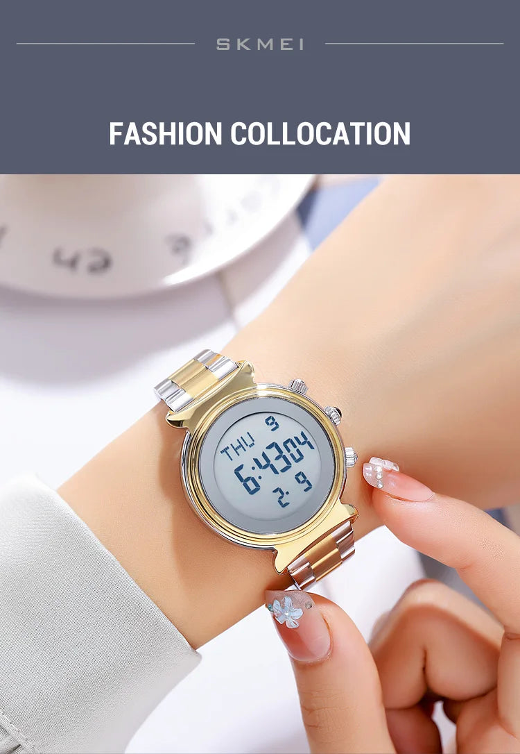 SKMEI Fashion Women's Alloy Digital Business Watch Waterproof Steel Strap Women Watch Simple Exquisite Silver Watch with 2408
