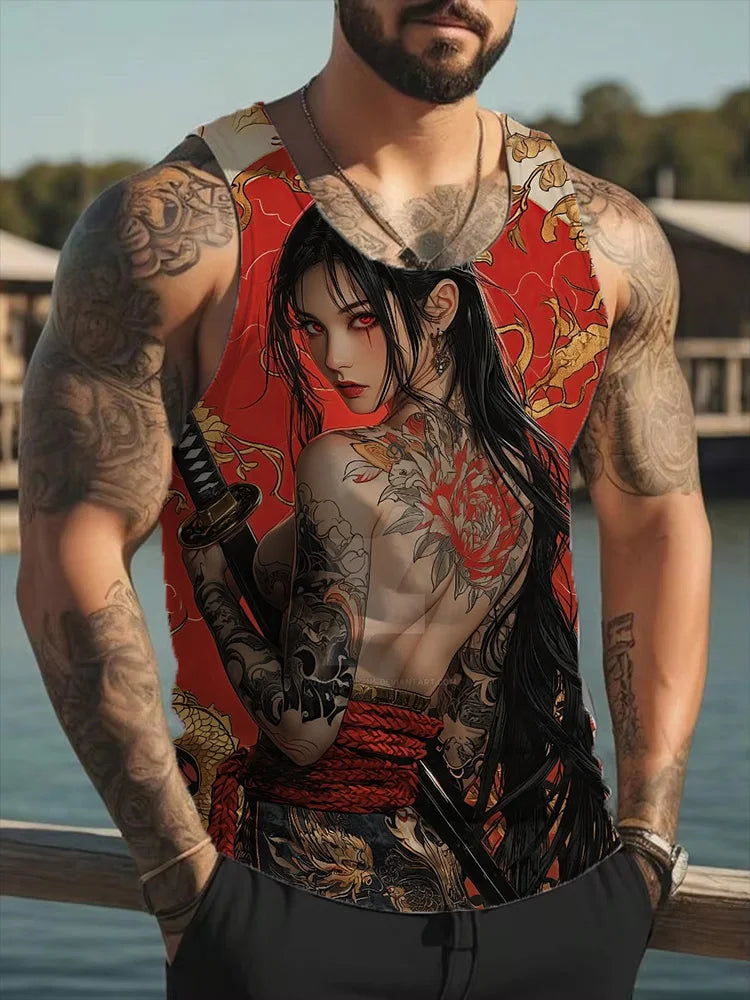 Samurai Tattoo Girl 3D Print Tank Tops Men Women Casual Oversized Fitness Gym Vest Harajuku Sleeveless T Shirt Men's Clothing