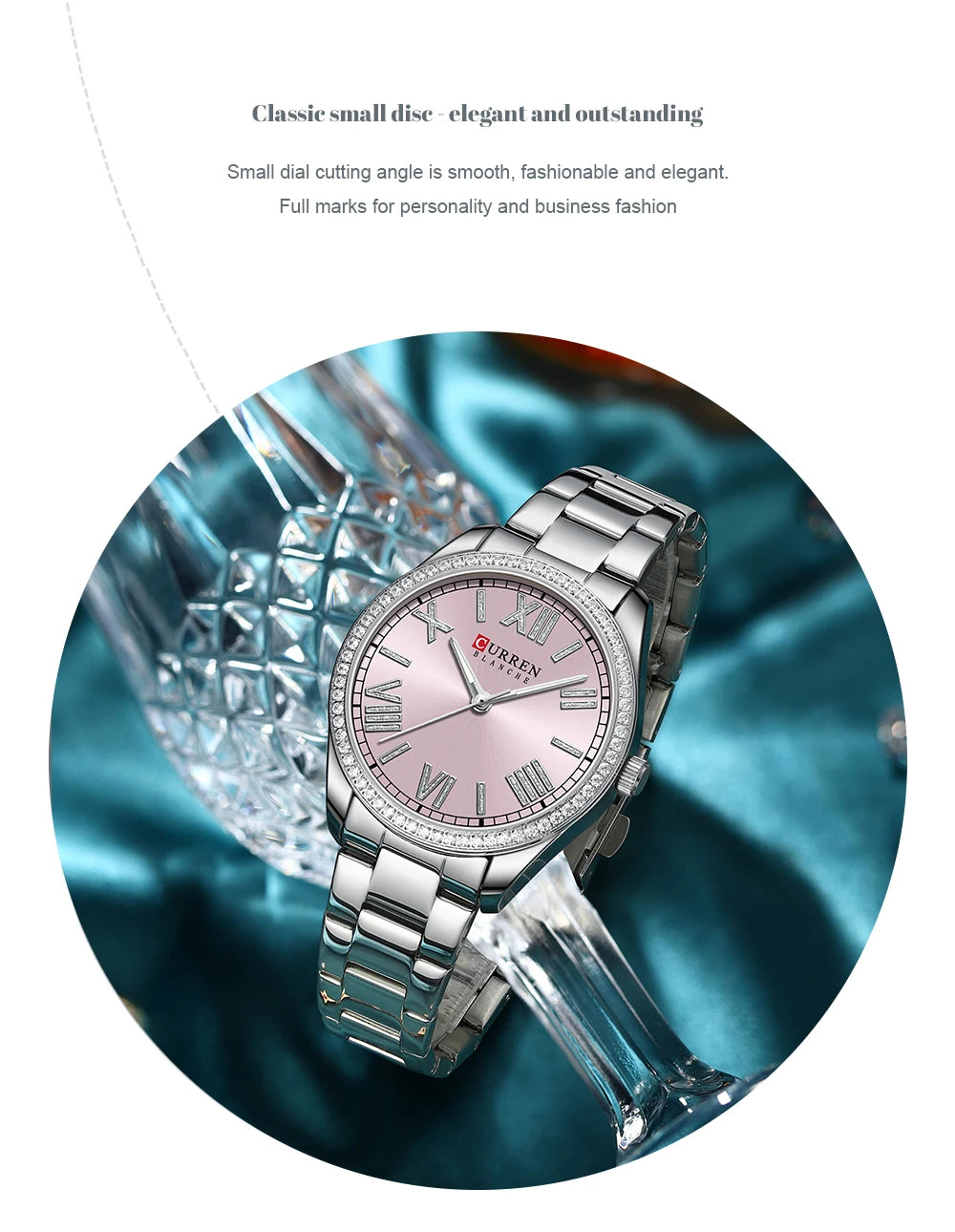 CURREN NEW Luxury Stainless Steel Wristwatches for Ladies Romantic Rose Pink with Rhinestones Roman Numeral Dial