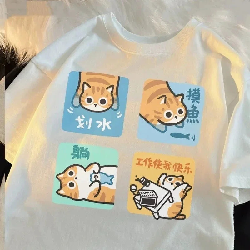Cartoon Cute Cat and Dog Pattern Fun WomanT-Shirt Street Comfortable Soft Tops Creative Fashion Women's T-Shirt Clothing Y2K Top