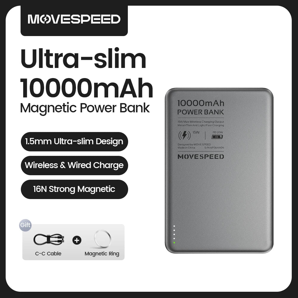 MOVESPEED S10 Slim Magnetic Power Bank 10000mAh PD20W Portable Charger Wireless External Battery for iPhone 16 Samsung Powerbank