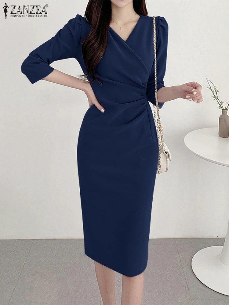 ZANZEA Autumn Women Elegant V Neck Bodycon Dress Ladies Party Club Dresses Fashion Work OL Vestidos 2024 Spring Women's Clothing