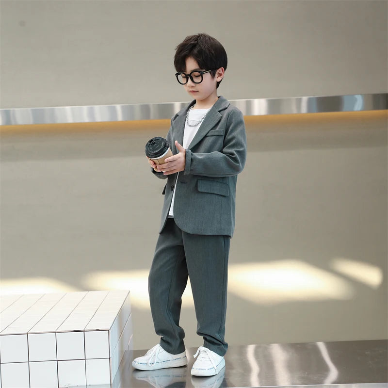 junior Boys Suits Autumn Long Sleeve Casual Blazer Jacket Trouser 2pcs School Uniform Teen Kids Clothes pants Set Child Cosutme