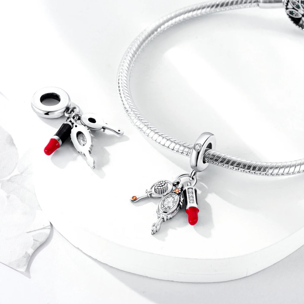 925 Silver Lipstick High Heels Charms For Lady Pendant Fit Original Bracelet DIY Ornament