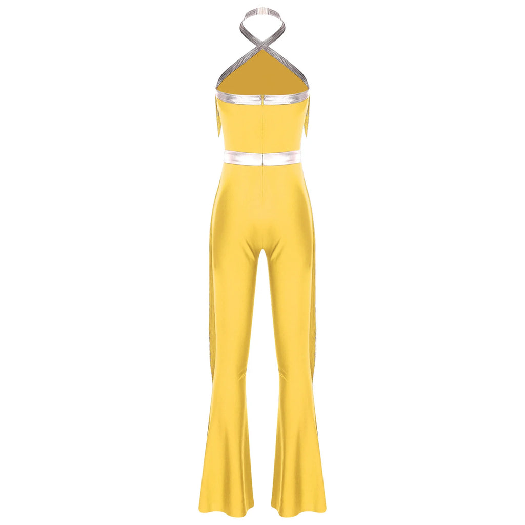 Womens 70s Disco Party Jumpsuit Halter Shiny Sequins Tassel Flared Pants Latin Jazz Dance Rompers Rave Festival Prom Clubwear