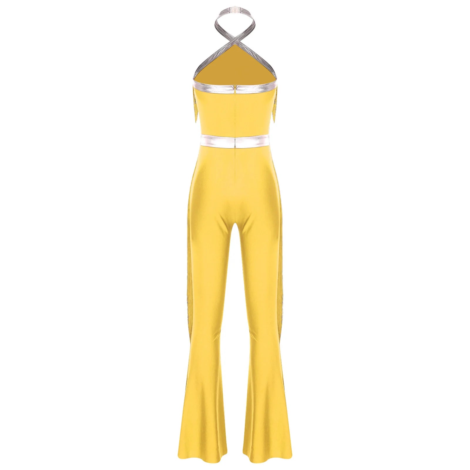 Womens 70s Disco Party Jumpsuit Halter Shiny Sequins Tassel Flared Pants Latin Jazz Dance Rompers Rave Festival Prom Clubwear