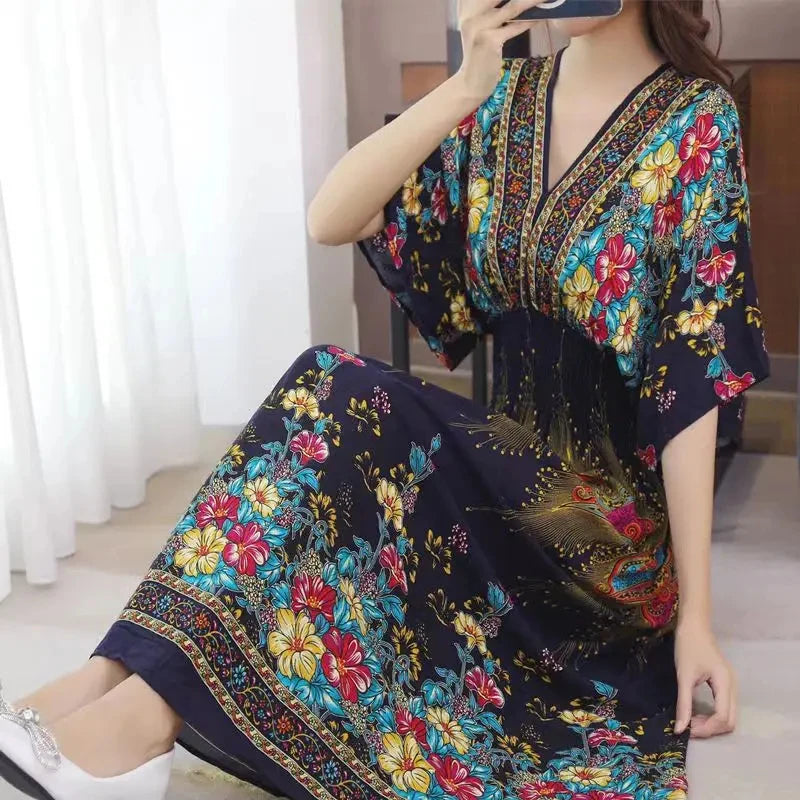 Boho Chic Short Sleeve Dress Slash Neck Elegant Women Dress Vintage Romantic Print Midi Dress Holiday Dress New Clothes Trend