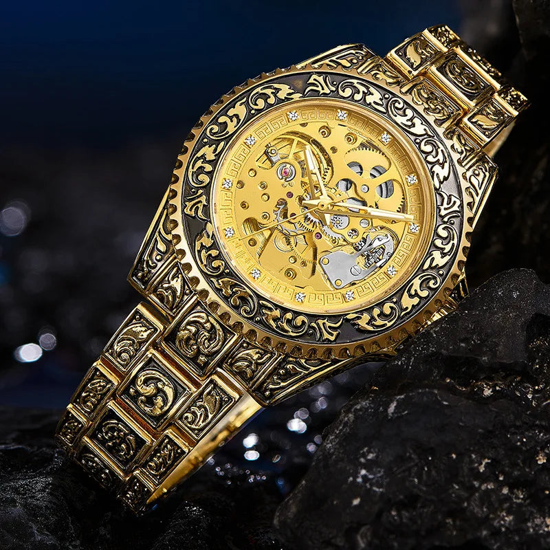 UTHAI M11 New Men watch hollowed out retro carved automatic mechanical watch cool clock gift，watches for man