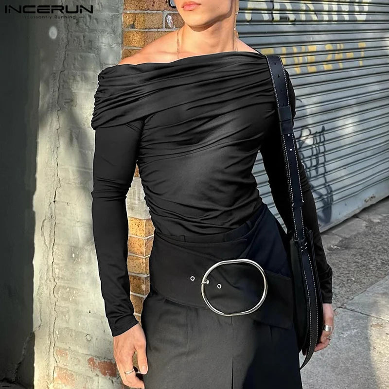 Sexy Fashion Style Tops INCERUN Men's Solid One-shoulder T-shirt Casual Clubwear Male Hot Sale Long Sleeved Camiseta S-5XL 2024