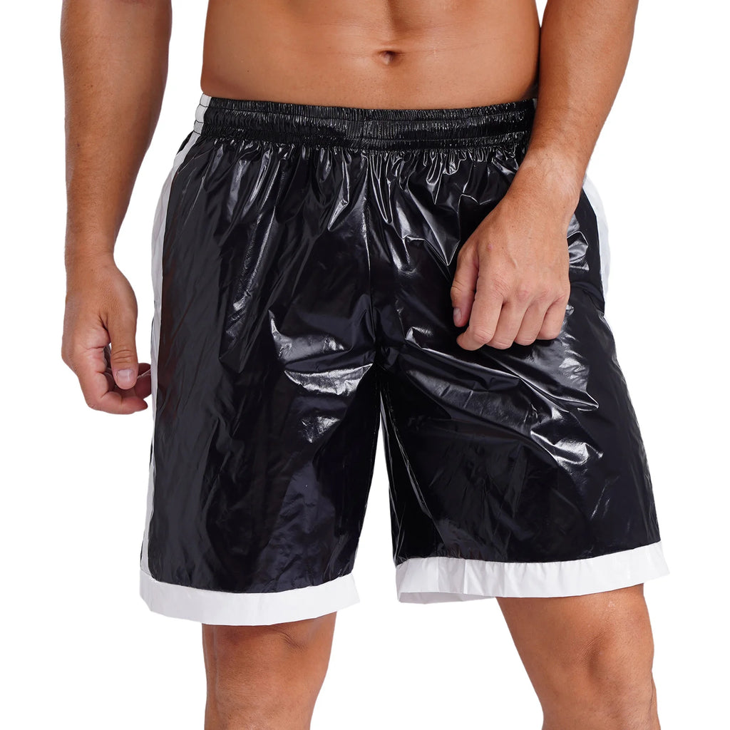 Swimwear Mens Swimming Trunks Wet Look Boxer Shorts Drawstring Elastic Waist Pockets Stripes Beach Sports Shorts Pajamas Costume