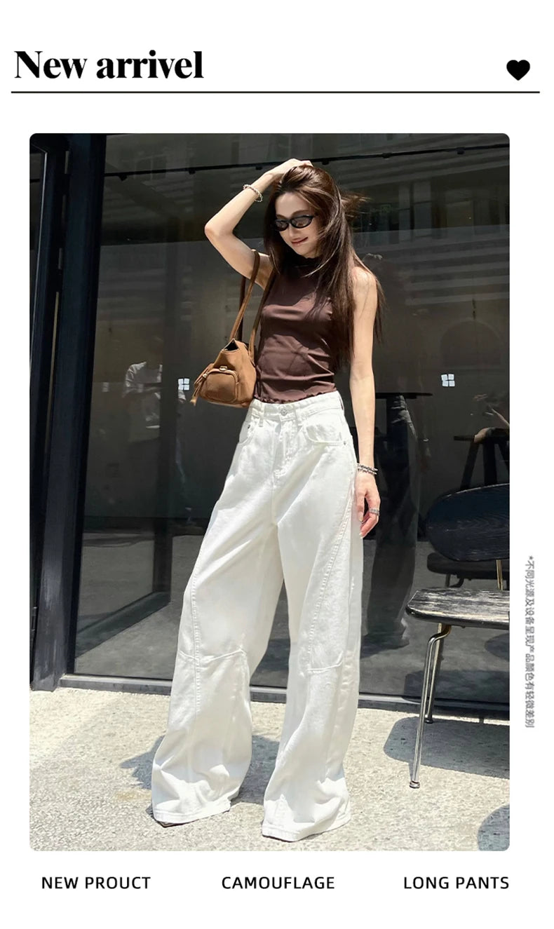 KSTUN 2025 Summer New Women's White Jeans Low Waist Wide Leg Jeans Denim Pants Losoe Fitness Girls Casual Dragging Pants Striped