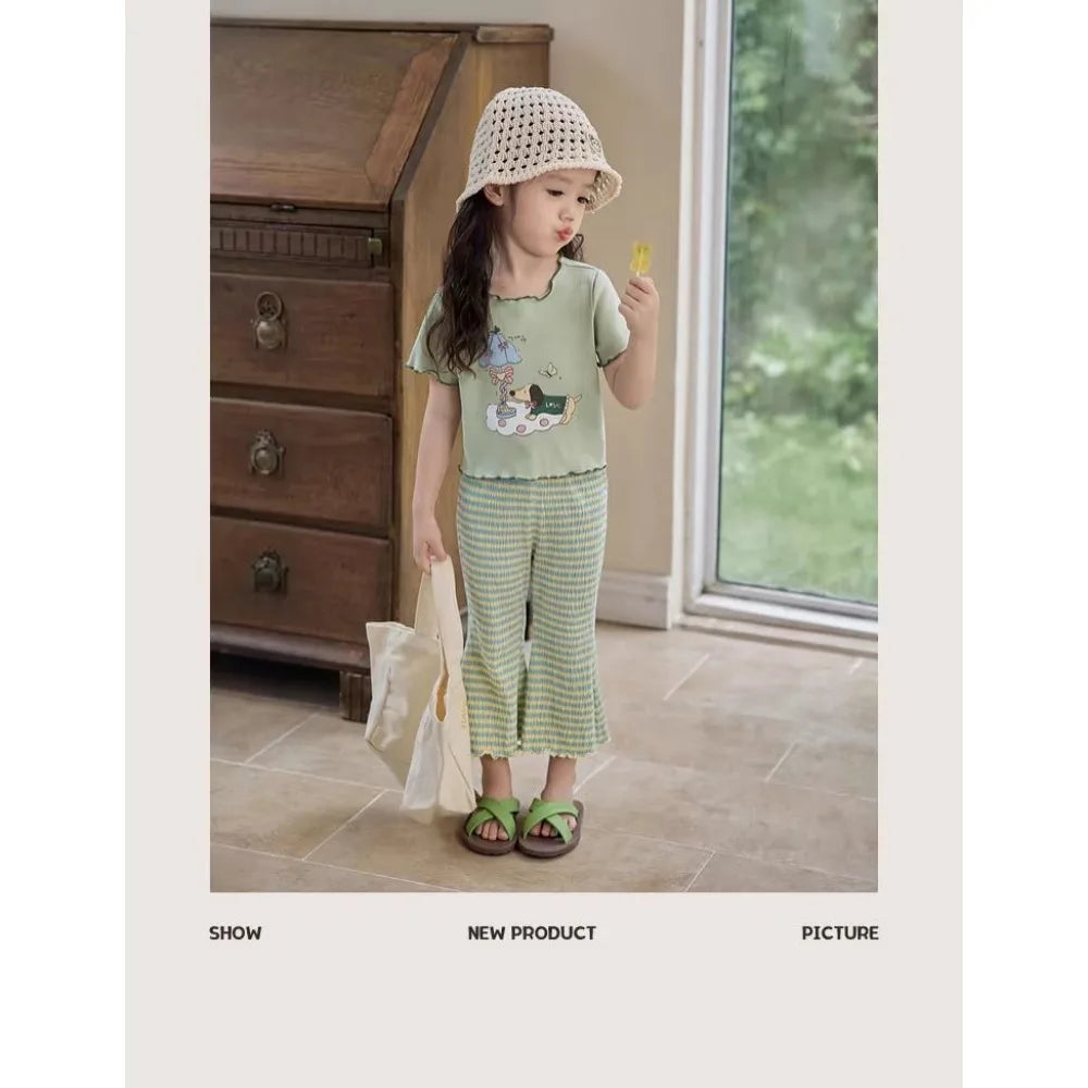 Bear Leader 3-7 Years Summer Korean Version Plain Girls Clothes Striped Printed Flared Pants Easter Casual Children's Clothing