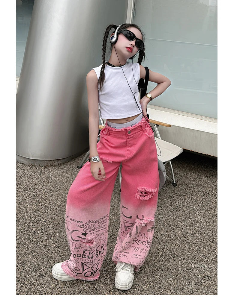 junior girls pink gradient color hole wide leg jeans cotton teenager kids Mop pants pant children trousers adolecentes 4 12 14