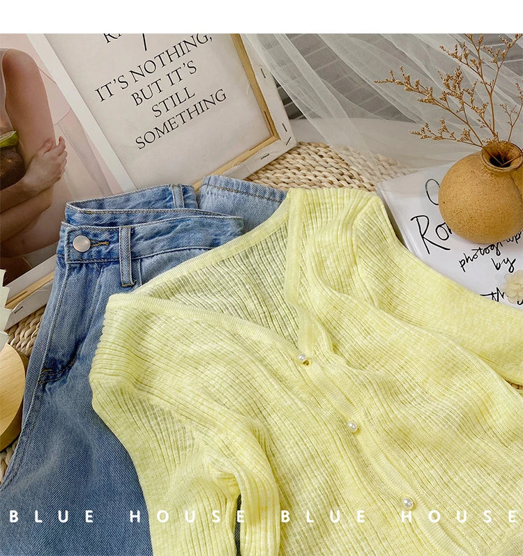 Women 2026 Spring Summer Short Pearl Button Thin Casual Coat Gentle Ruffle Trim Long Sleeve Ice Silk Sunscreen Knitted Cardigan