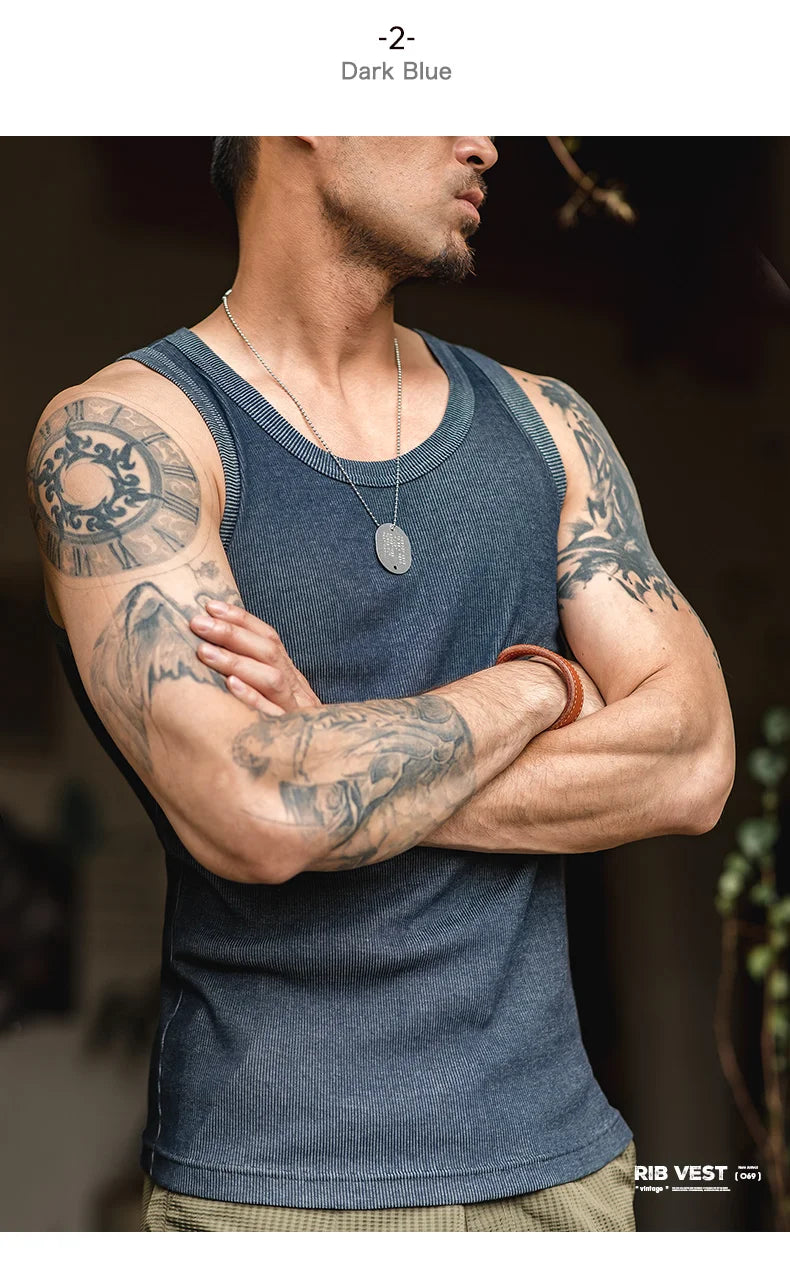 Maden Men's Retro Solid Color Slim Fit Sleeveless Vest T-Shirt Sports Fitness Threaded Inner Bottoming Shirt for Summer Tank Top