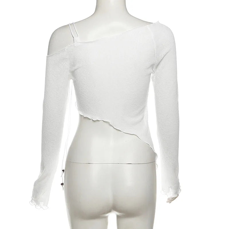 Asymmetrical T Shirts For Women Y2k Clothes Off Shoulder Sexy Streetwear Long Sleeve Crop Top Lace-up Camisetas Ropa De Mujer