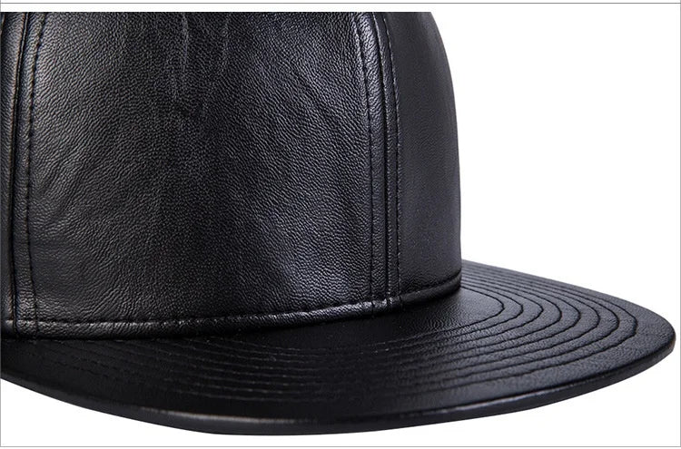 Hip hop hat men's street versatile Black Leather Flat brimmed hat