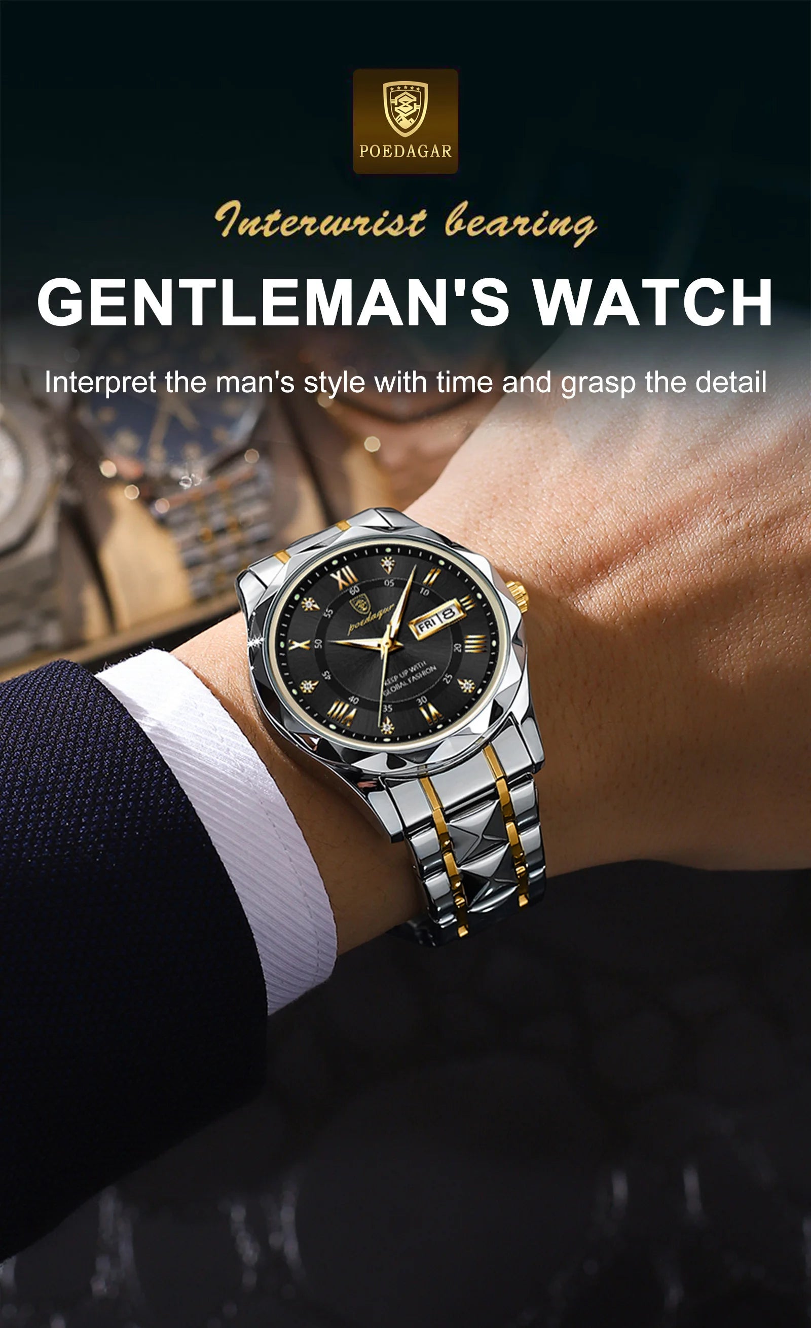 POEDAGAR Luxury Brand Men's Watches Waterproof Stainless Steel Luminous Man Wristwatch Date Week Quartz Business Men Clock Reloj