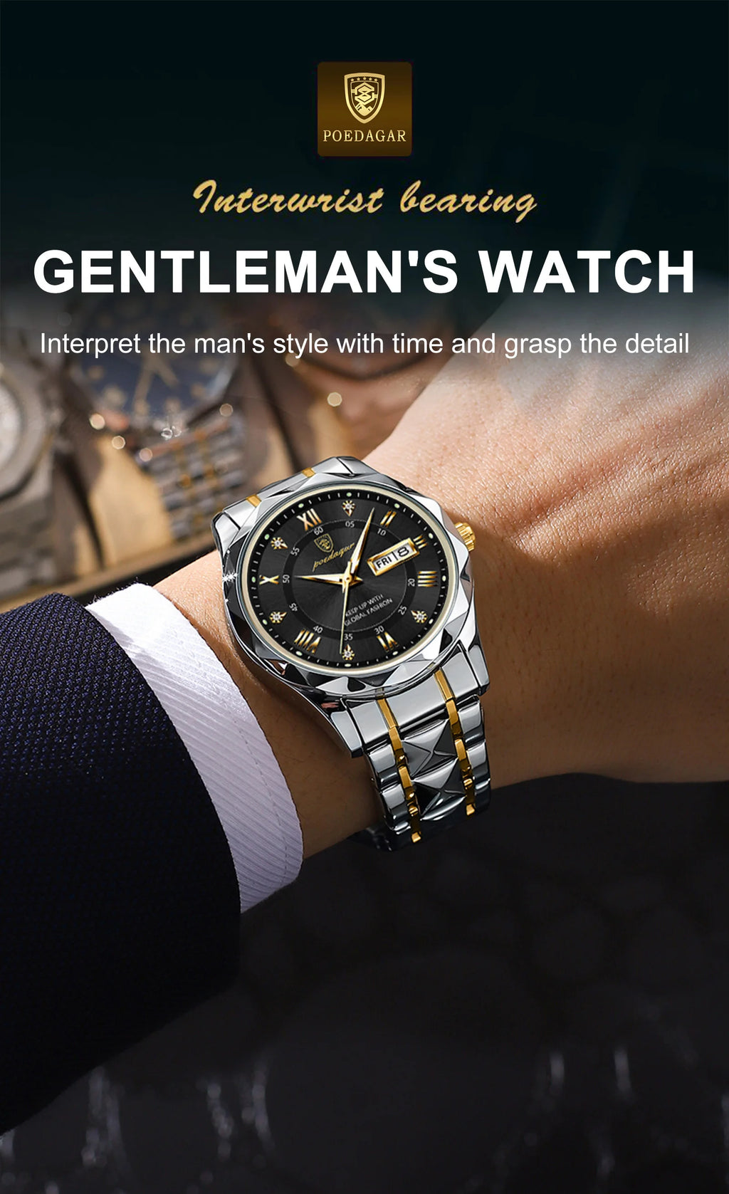POEDAGAR Luxury Brand Men's Watches Waterproof Stainless Steel Luminous Man Wristwatch Date Week Quartz Business Men Clock Reloj