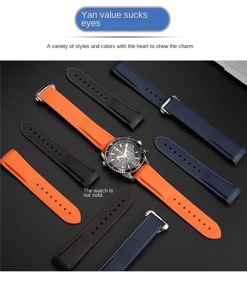 20mm 21mm 22mm Curved End Silicone Rubber Strap for Omega Seamaster 300/600 Planet Ocean 600 Folding Buckle Watchband Bracelet