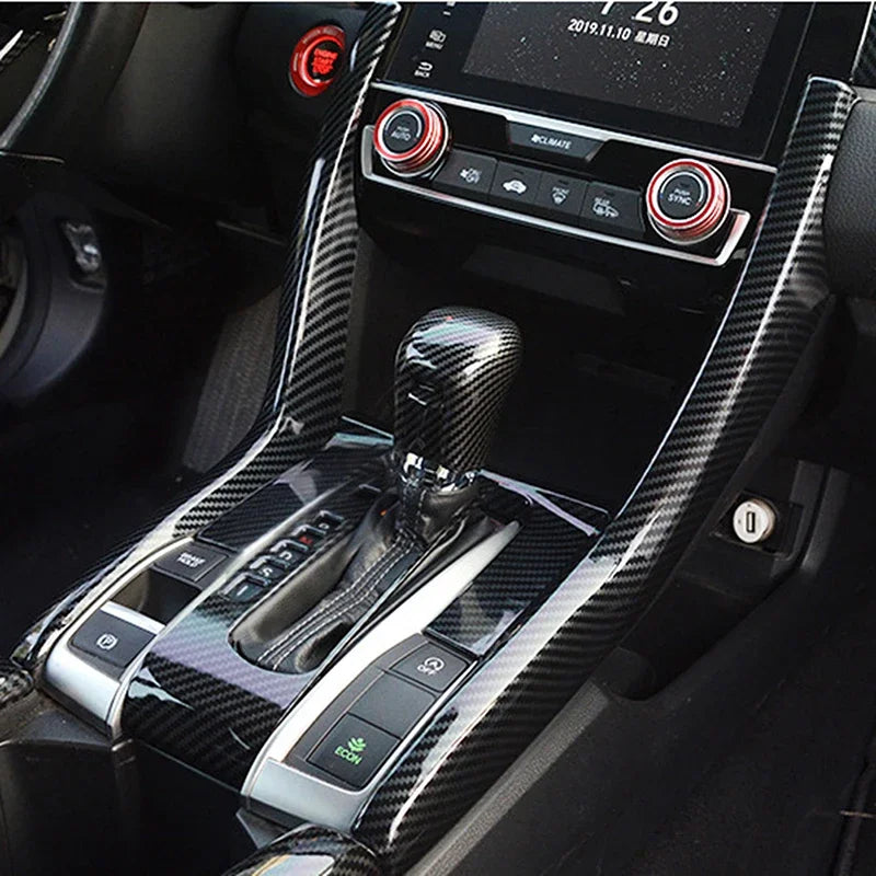 Car Interior Gear Shift Panel Strips Trim Sticker for Honda Civic 2016 2017 2018 2019 2020 2021 Carbon Fiber Look Accessories
