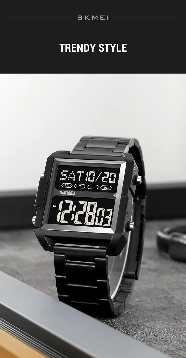 Skmei Luxury Brand Steel Strap Digital Watches for Mens Dual Time Zone Waterproof LED Chronograph Fashion Date Week Alarm Clock