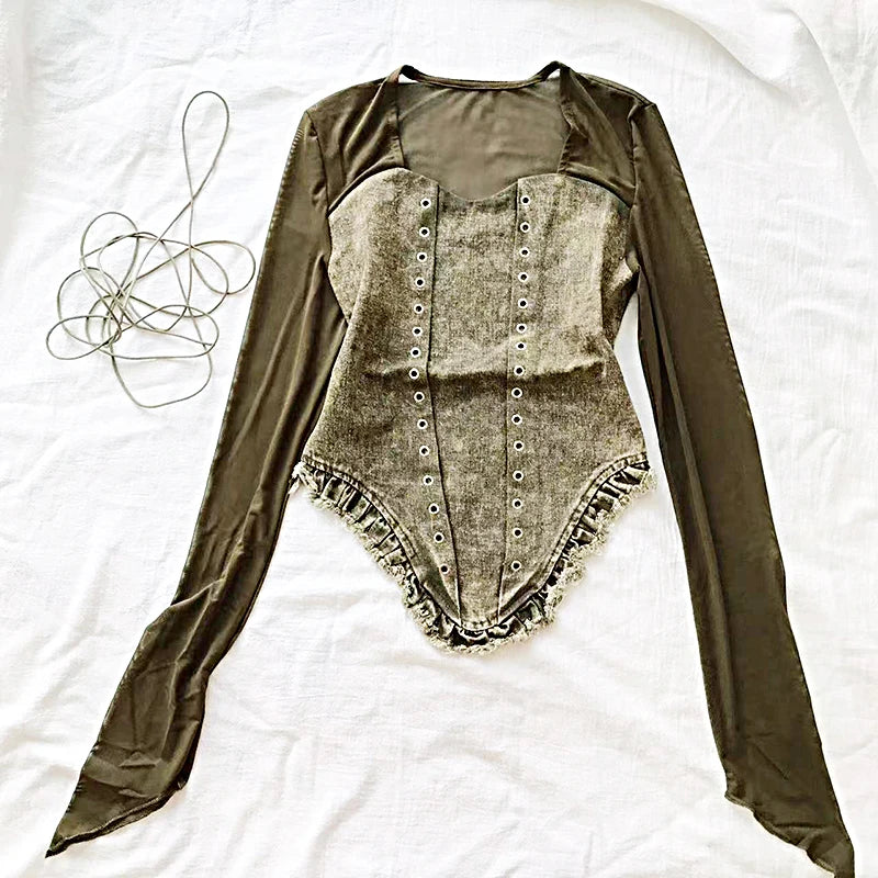 2025 New American Retro Patchwork Sexy Blouse Women Squre Neck Long Sleeves Sheer Top Streetwear Ins Lace Up Denim Shirt