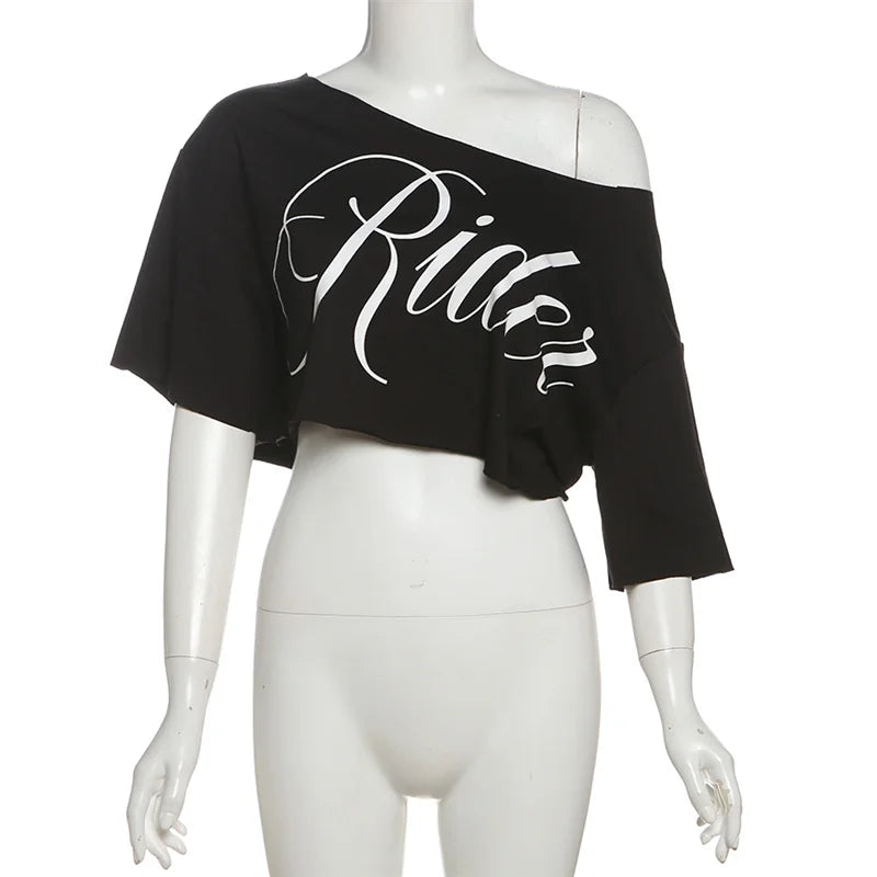 SylCue Letter Print Oversized T-shirt Women Skew Collar Short Sleeves Off Shoulders Irregular Hem Hip-hop Style Trend Crop Tops