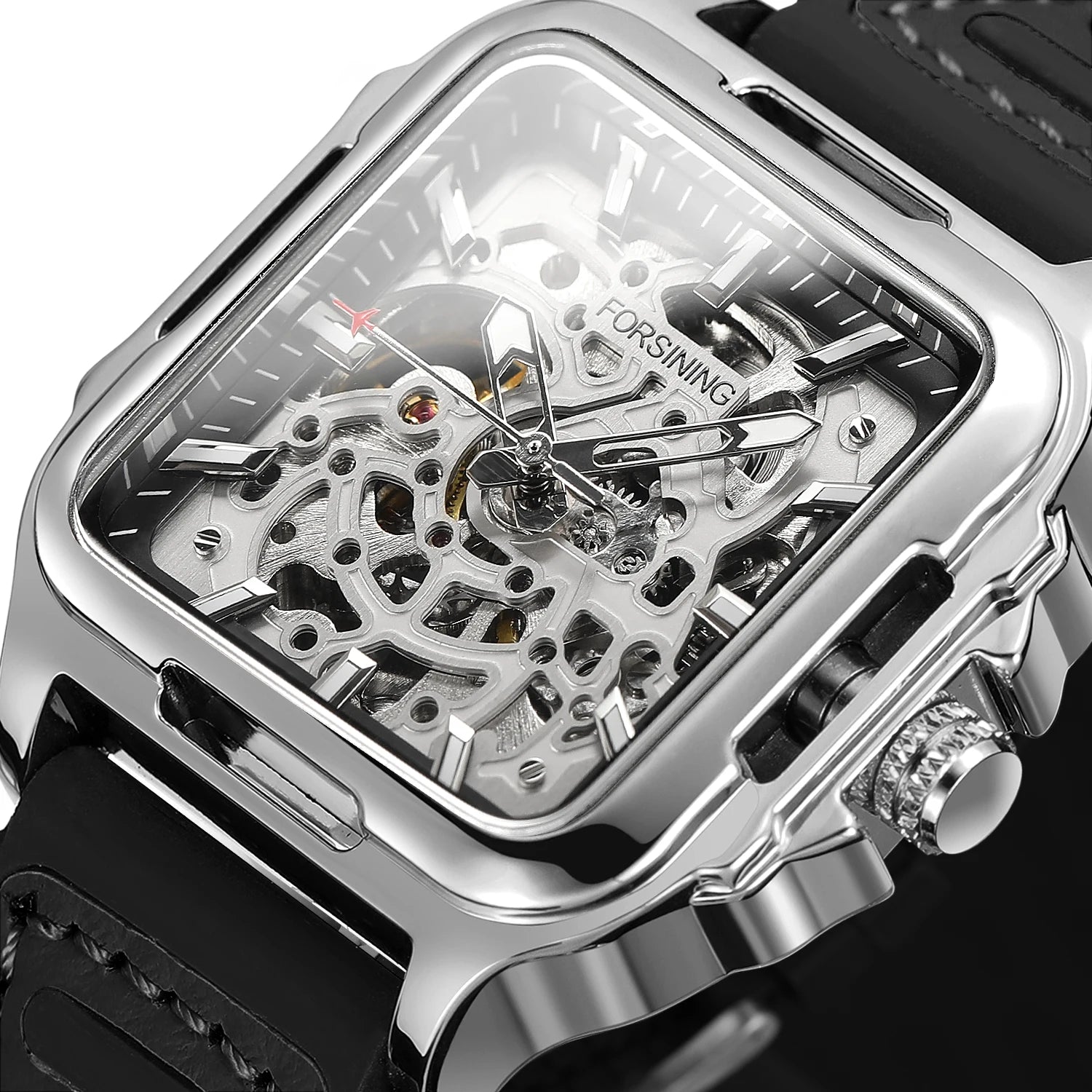 FORSINING Original Square Skeleton Mechanical Man Wristwatches Automatic Movement Field Sports Waterproof Silicone Replica Watch
