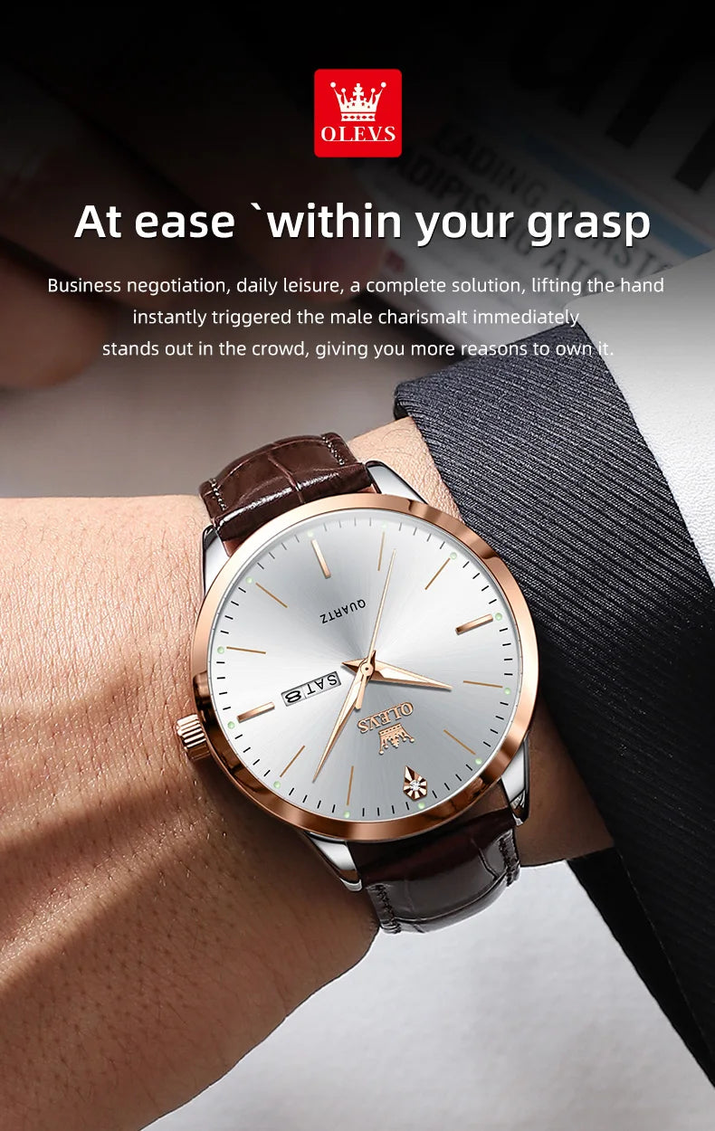 OLEVS 2935 Original Business Men Watch Leather Strap Trend Week Calendar Quartz Watch Luminous Waterproof 43mm Dial wristwatch