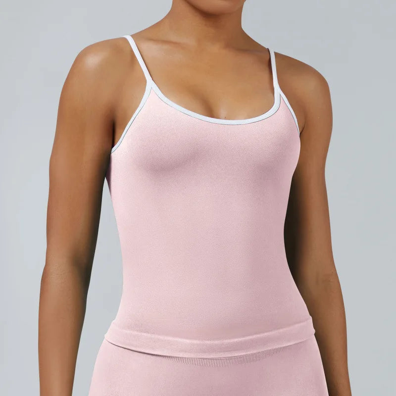 Women Color Blocking Gym Sports Short Tops Summer Yoga Fitness Sexy Backless Knit Camis with Chest Cushion Suspender