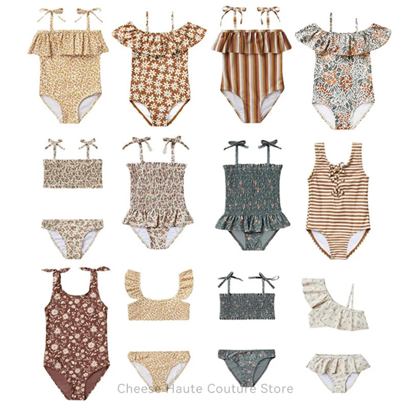 RC Baby Girls Swimwears 1-12y Kids Long Sleeve Sunscreen Floral Toddler Swimming Swimsuit Striped Bikini Suits 2022 Hot Clothes