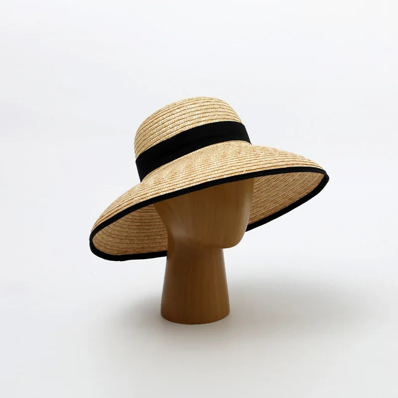 Wide-Brimmed Black-Trimmed Straw Hats for Women Summer Vintage French Elegant Hepburn Wide-Brimmed Woven Beach Caps Casquette