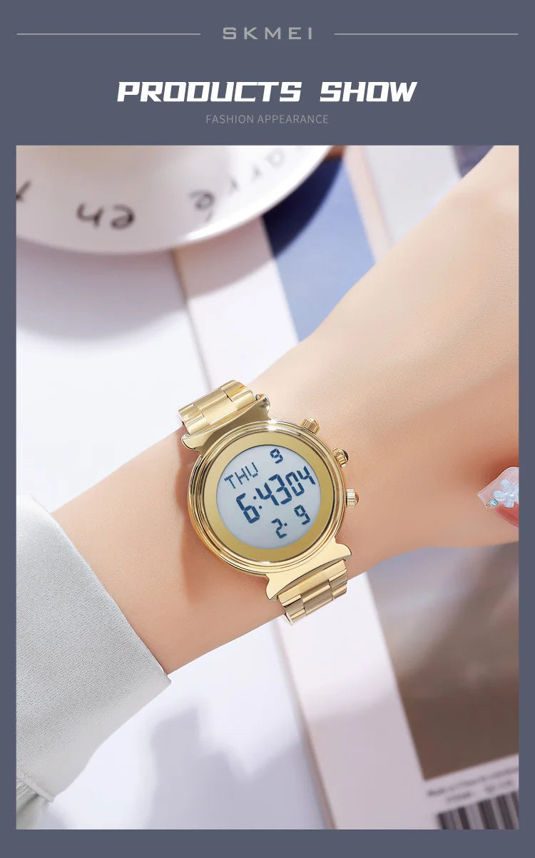 SKMEI Fashion Women's Alloy Digital Business Watch Waterproof Steel Strap Women Watch Simple Exquisite Silver Watch with 2408