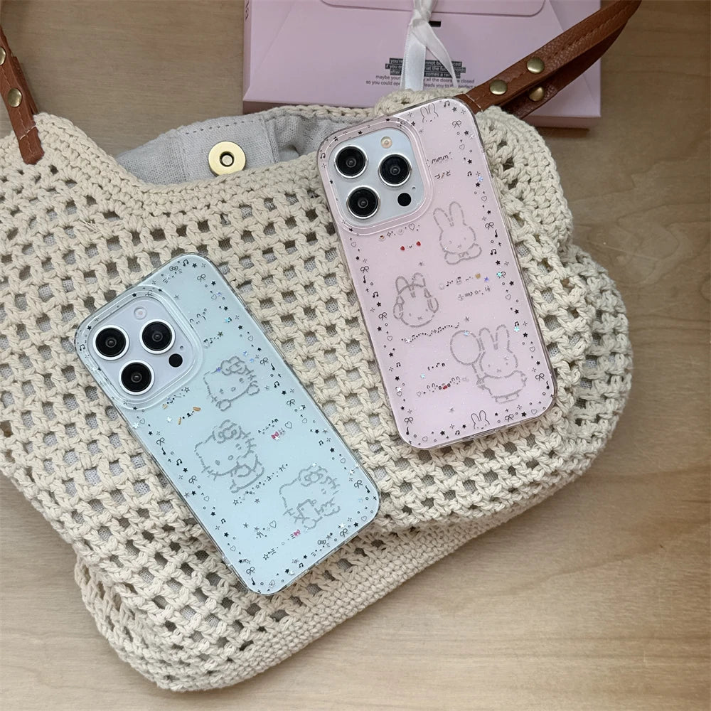 Luxury Glitter Pink Case For iPhone 13 12 11 14 15 16 Pro Max 16 Plus Cartoon Bling Transparent Shockproof Hard PC Bumper Cover