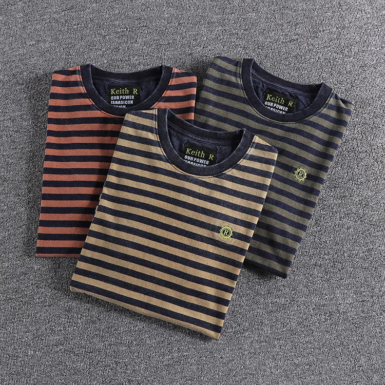 Retro and Aged Casual Short-sleeved T-shirt, High-quality Men's Striped Cotton T-shirt, Sweat-absorbing & Breathable Sports Top