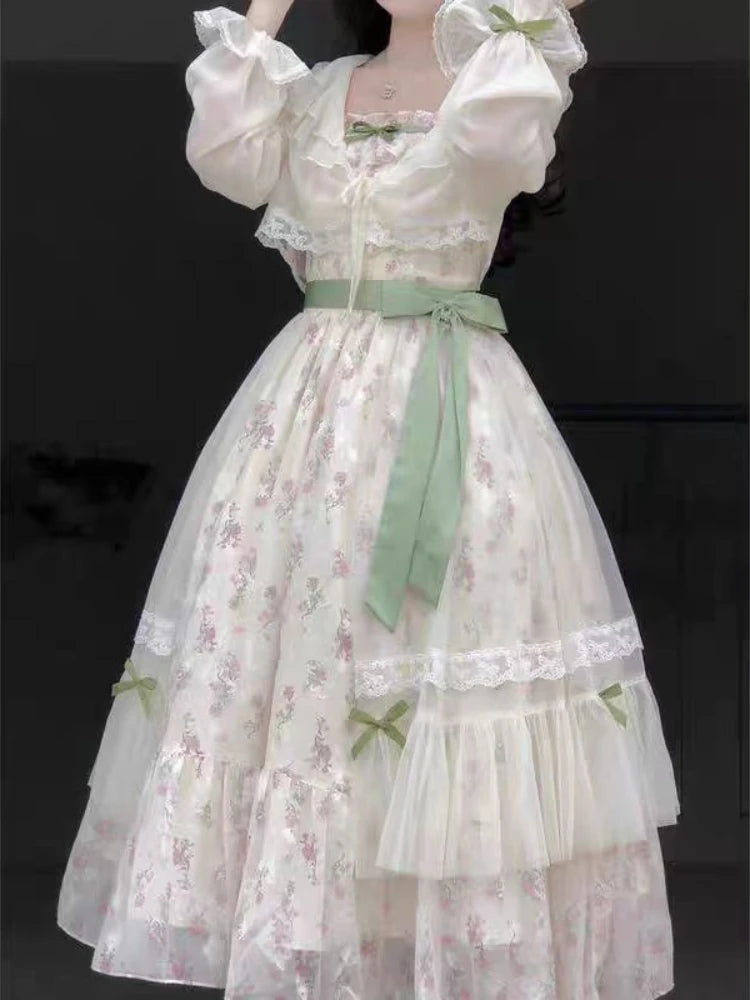 Design Sweet Summer Sling Dress 2-piece Set Women Fashion France Bow Lace Print Fairy Dresses Elegant Chic New Sunscreen Shirt