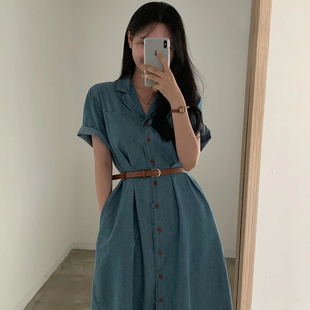 Slimming Chic Retro Chic Long Dr with Belt High Waist A-Line Skirt ort Sve Korean Sle Commute Dr Denim Dr