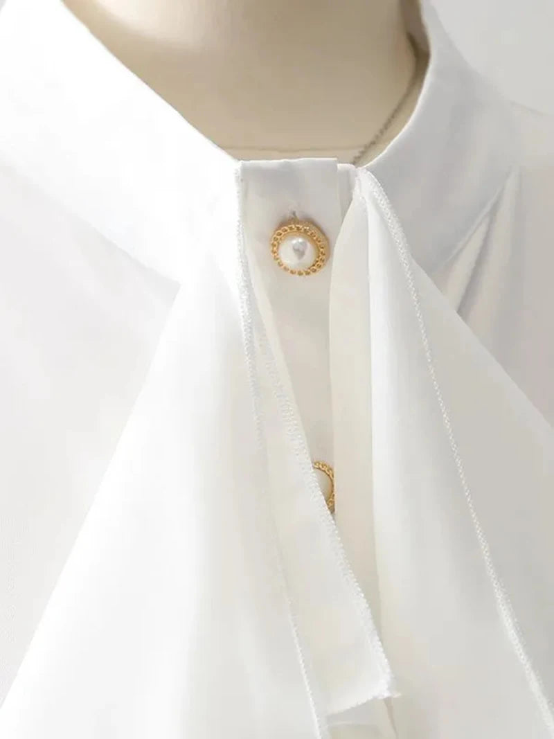 MEXZT Vintage White Shirts Women Elegant Ruffles Flare Long Sleeve Blouses Office Ladies Korean Single Breasted Design Chic Tops