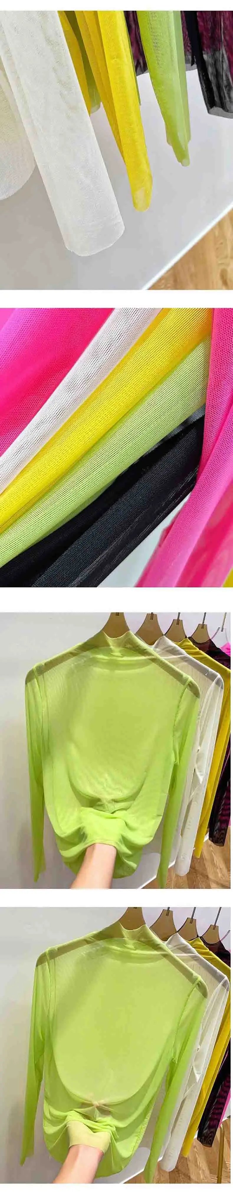 Transparent Gauze Bottoming T-shirt Women Clothing Summer Long Sleeved T-shirt with Gauze Shirt Half High Collar Sunscreen 2023