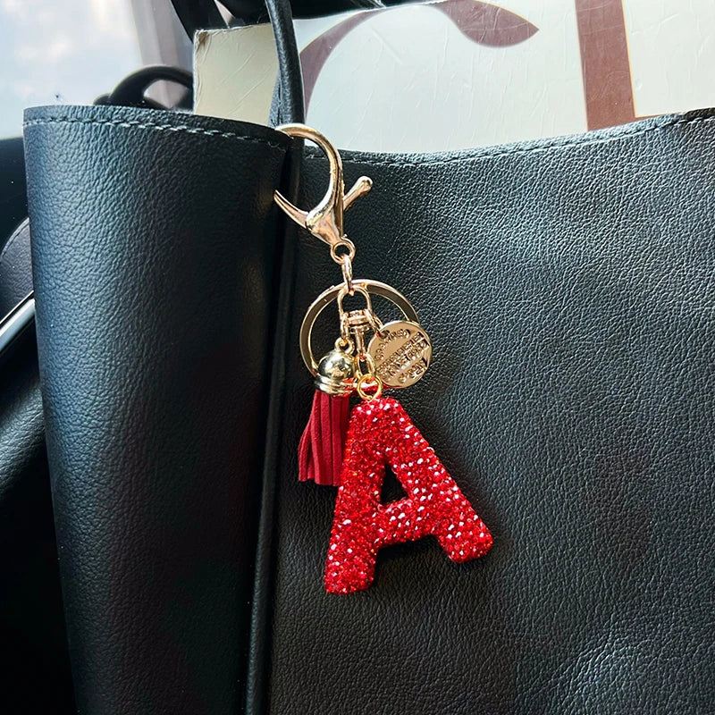 Red English letter car keychain, delicate with diamond bag, pendant, fashionable tassel key chain accessory