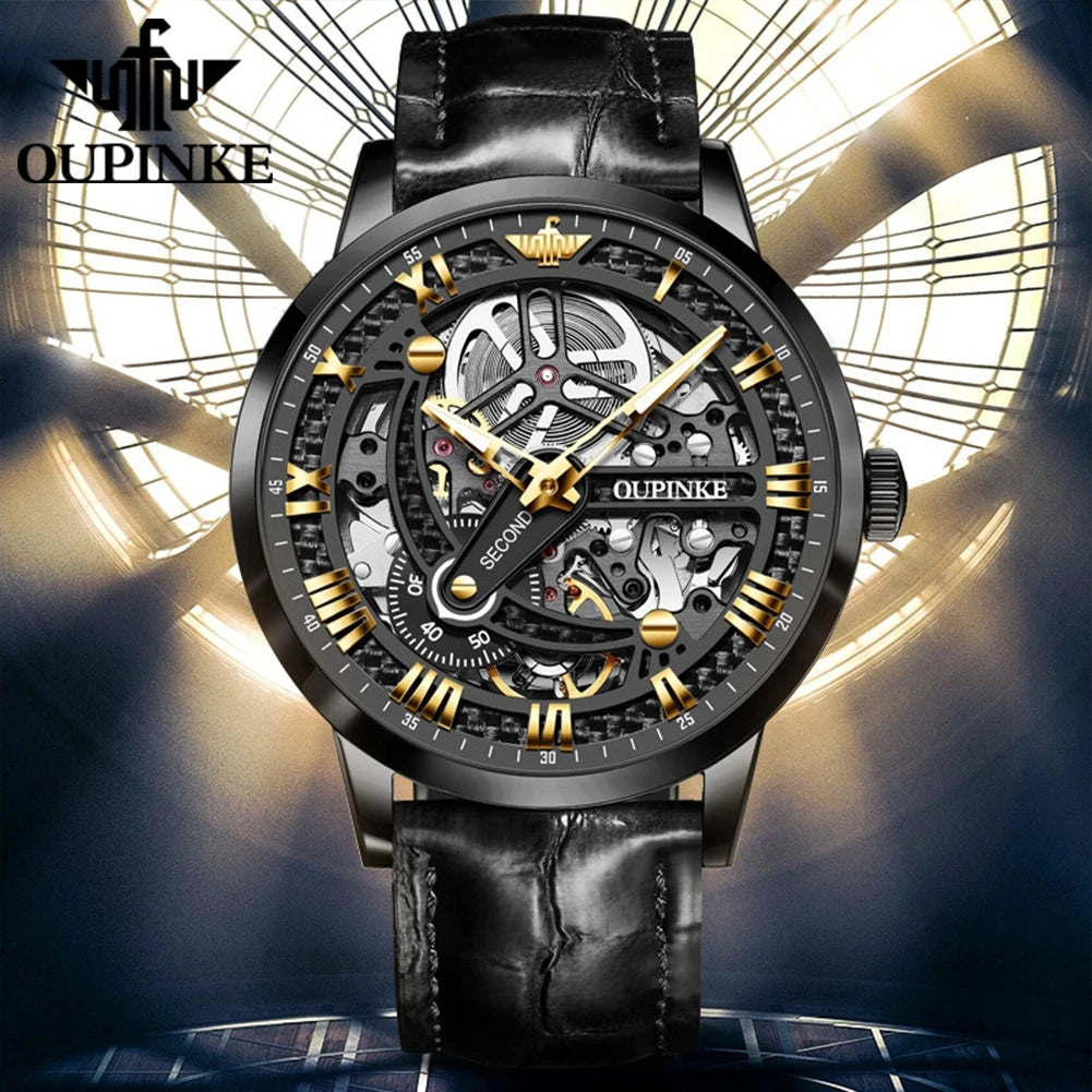 OUPINKE 3173 Skeleton Automatic Mechanical Watch Luxury Brand 50M Waterproof Watch Leather Strap Mens Watch Box Gifts Reloj