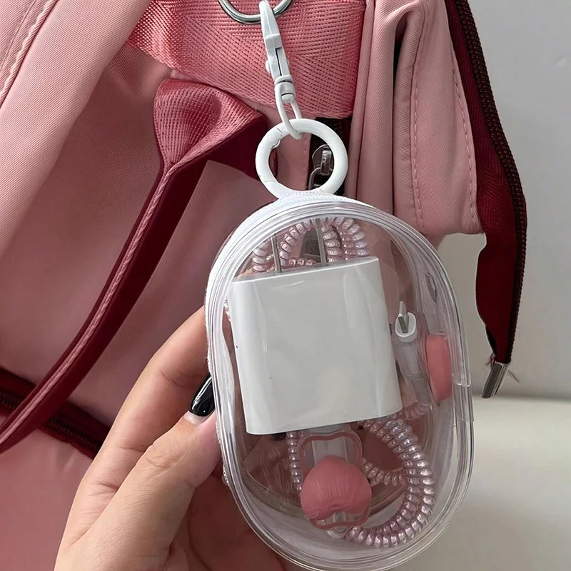 Portable Mini Transparent Storage Bag with Zipper, Multifunctional Headphone and Charger Case, Travel Accessories with Keychain