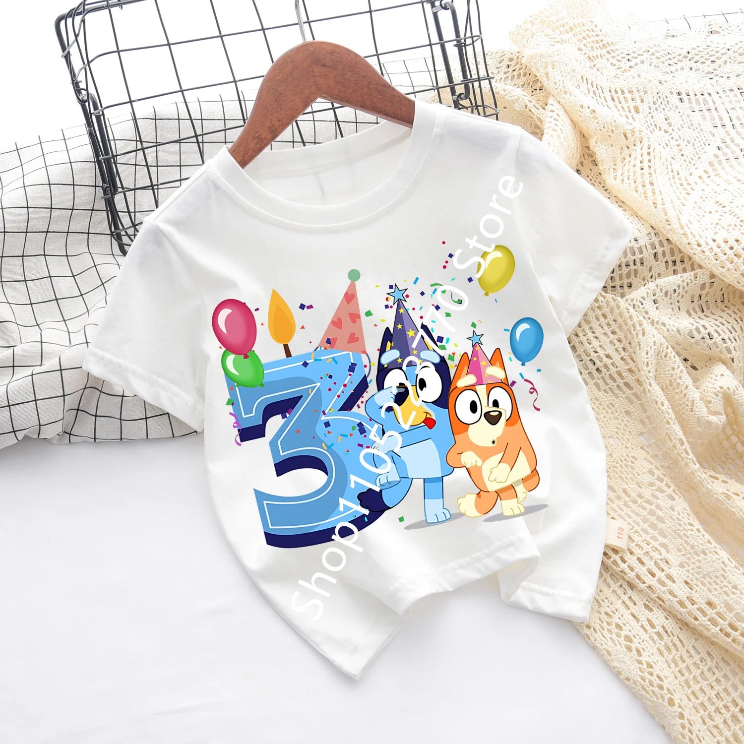 Bluey Baby Birthday T Shirt for Boys Girl Bingo Number Kids Clothes Summer Cartoon Letter Tees Shirts Toddler Short Sleeve Tops