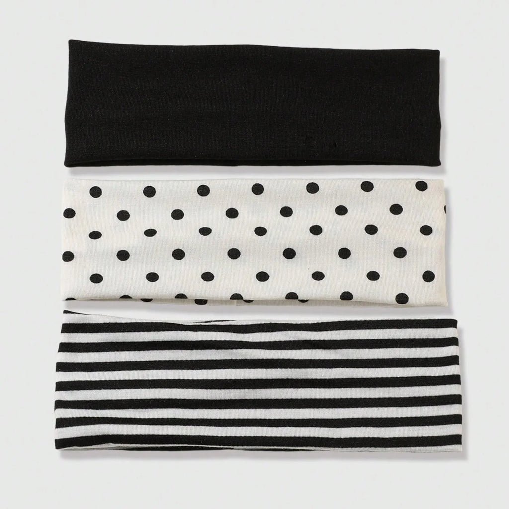 3Pcs Black & White Polka Dot Striped Elastic Headbands For Women Soft Stretchy Hair Accessory For Yoga Fitness Travel Daily Life