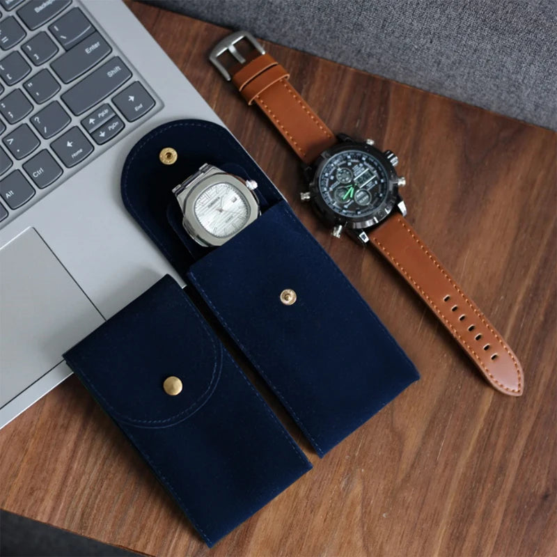 IBBETON Watch Bag Blue and Black and Brown Flannelette Gift Bag Travel Storage Case Durable Portable Watch Dust Protection Case