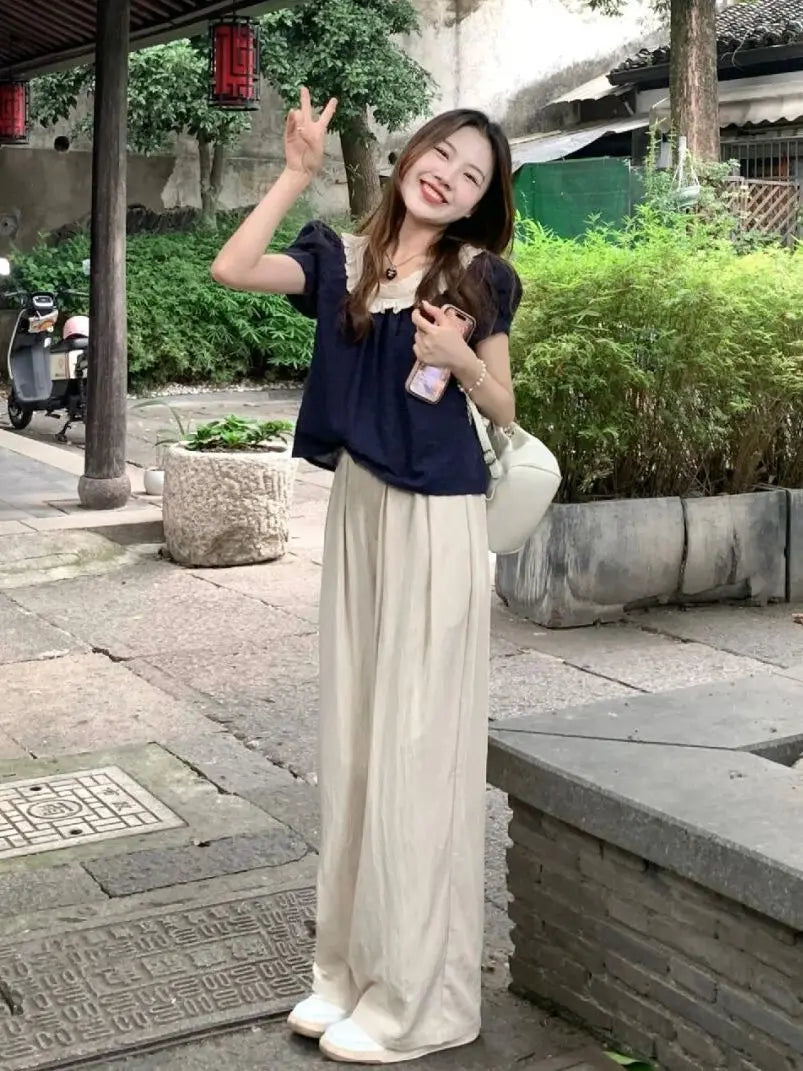 Women Summer 2025 New Short-sleeved Shirt Top High Waist Loose Wide-leg Pants Two-piece Set